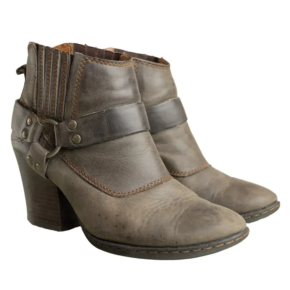 B.O.C Sasha Leather Harness Boot Distressed Gray Moto Western Style Ankle Bootie